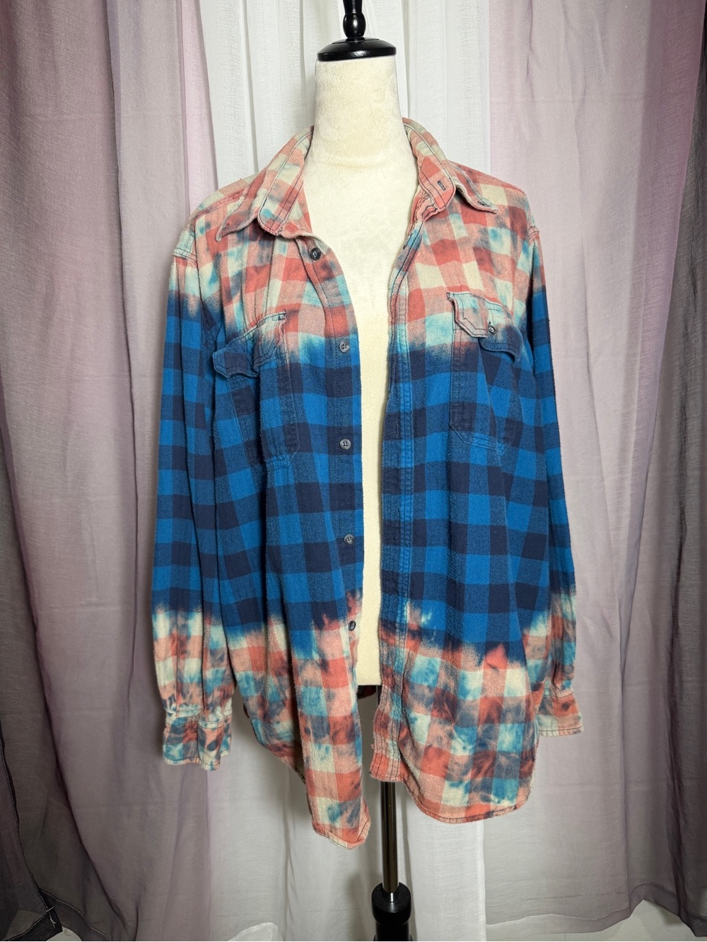 Blue and Coral Bleached Ombre Line Plaid Button-Up Flannel